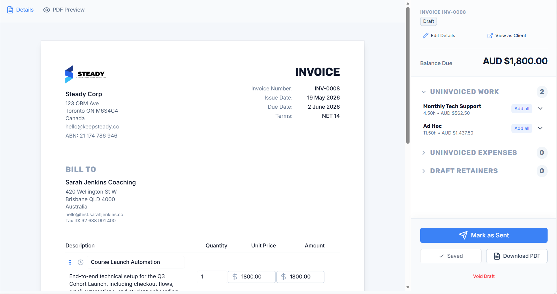 Steady invoice page and client billing workflow