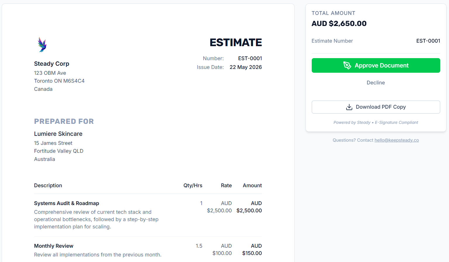 Steady quote and invoice document workflow
