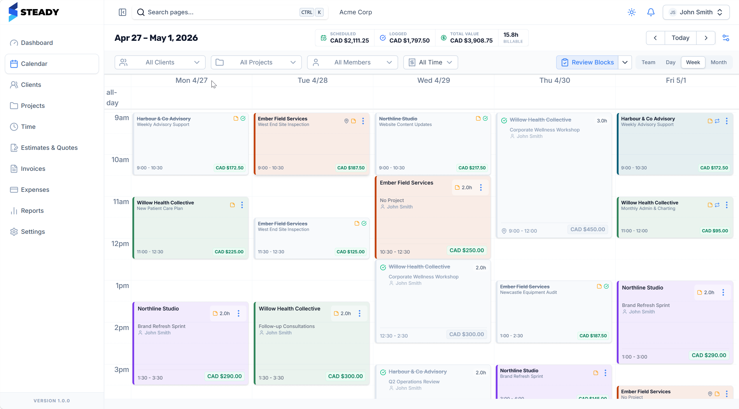 Steady calendar showing planned client work and expected billable value